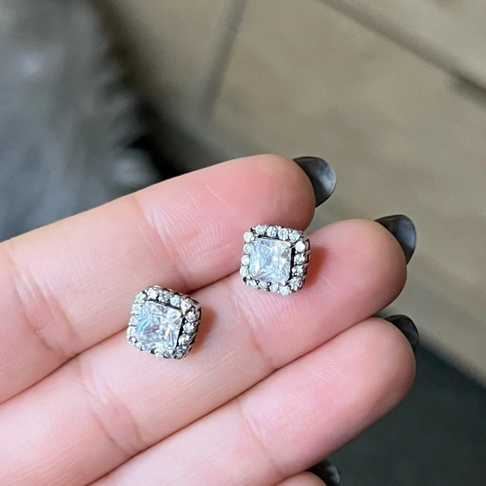 Princess Cut CZ Diamond Square Halo Studs Dainty Small Earrings Jewelry Accessor - Picture 7 of 16